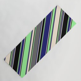[ Thumbnail: Vibrant Green, Dim Grey, Midnight Blue, Beige & Black Colored Striped Pattern Yoga Mat ]