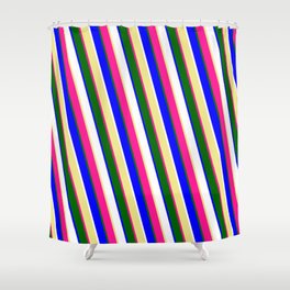[ Thumbnail: Eye-catching Tan, Deep Pink, Dark Green, Blue, and White Colored Stripes Pattern Shower Curtain ]