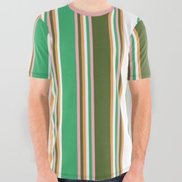 [ Thumbnail: Colorful Sea Green, Light Pink, Dark Olive Green, Brown, and White Colored Lines Pattern All Over Graphic Tee ]