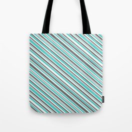 [ Thumbnail: Dim Grey, Light Grey, Turquoise & Mint Cream Colored Striped Pattern Tote Bag ]