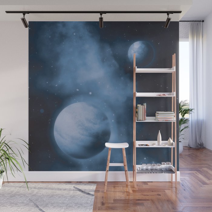 Cool Monochrome Blue Outer Space Planet Lover Pattern Wall Mural