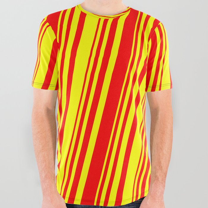 Red and Yellow Colored Lined/Striped Pattern All Over Graphic Tee