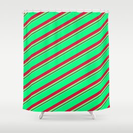 [ Thumbnail: Vibrant Green, Crimson, Light Green, Forest Green & Light Blue Colored Striped/Lined Pattern Shower Curtain ]
