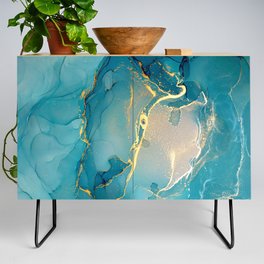 Aquamarine + Gold Abstract Hazy Swirl Credenza