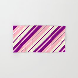 [ Thumbnail: Light Pink, Beige, and Purple Colored Lined/Striped Pattern Hand & Bath Towel ]