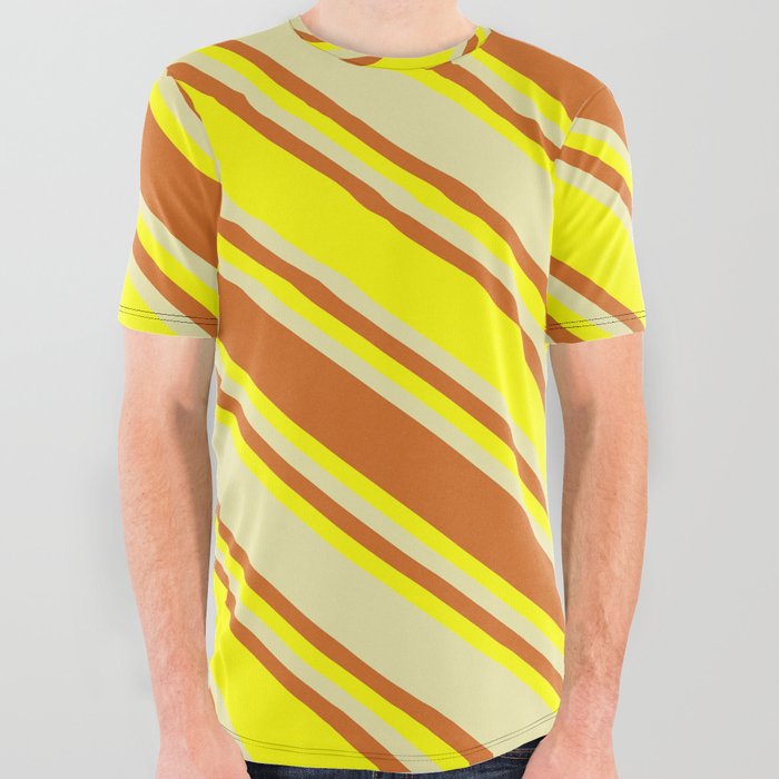 Pale Goldenrod, Chocolate, and Yellow Colored Lined/Striped Pattern All Over Graphic Tee