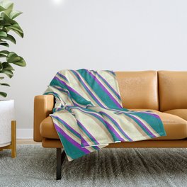 [ Thumbnail: Tan, Light Yellow, Dark Orchid, and Teal Colored Stripes Pattern Throw Blanket ]