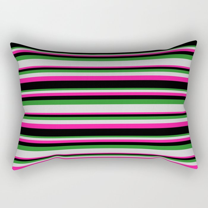 Forest Green, Light Gray, Deep Pink, and Black Colored Stripes Pattern Rectangular Pillow