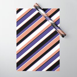 [ Thumbnail: Dark Salmon, Black, Dark Slate Blue & White Colored Striped Pattern Wrapping Paper ]