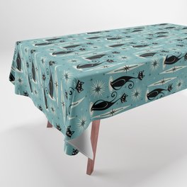 Mid Century Meow Retro Atomic Cats on Blue Tablecloth