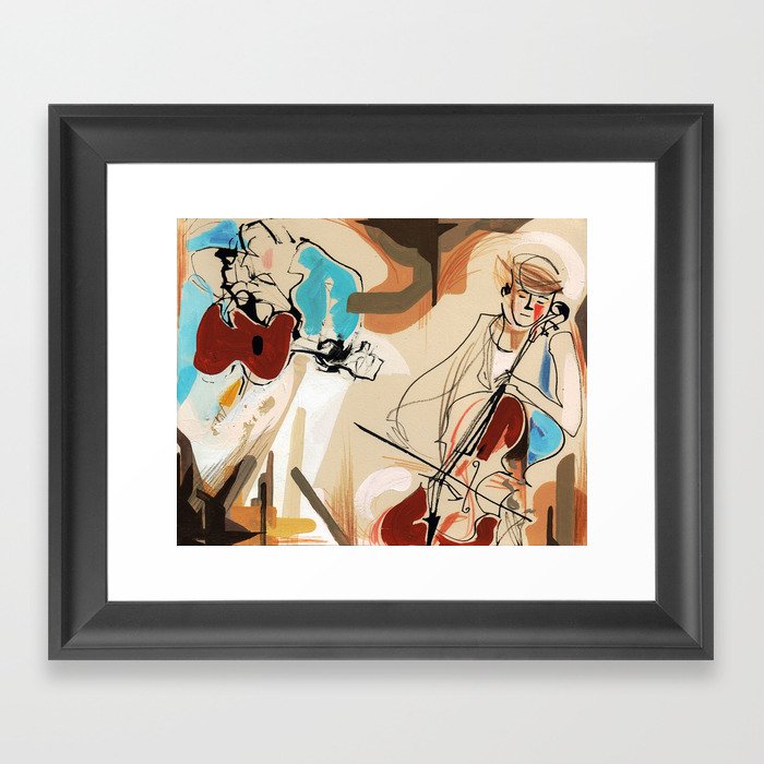 Cello and Guitar Player Musicians Painting Drawing Framed Art Print