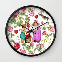 Cupid Dealing Red Hearts in The Rose Garden - Colorful Illustration for Valentine's Day   Wall Clock | Flowers, Floral, Collage, Love, Botanical, Pattern, Romantic, Rose, Valentines Day, Valentine 