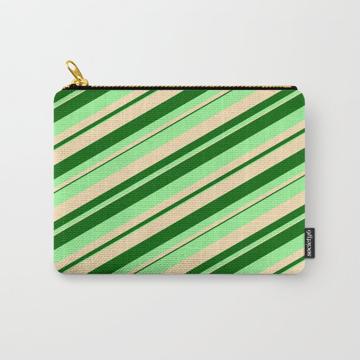 Dark Green, Green, and Beige Colored Stripes Pattern Carry-All Pouch