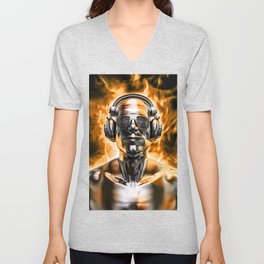 Disco god portrait / 3D render of silver male figure with headphones and disco shades engulfed in fl V Neck T Shirt
