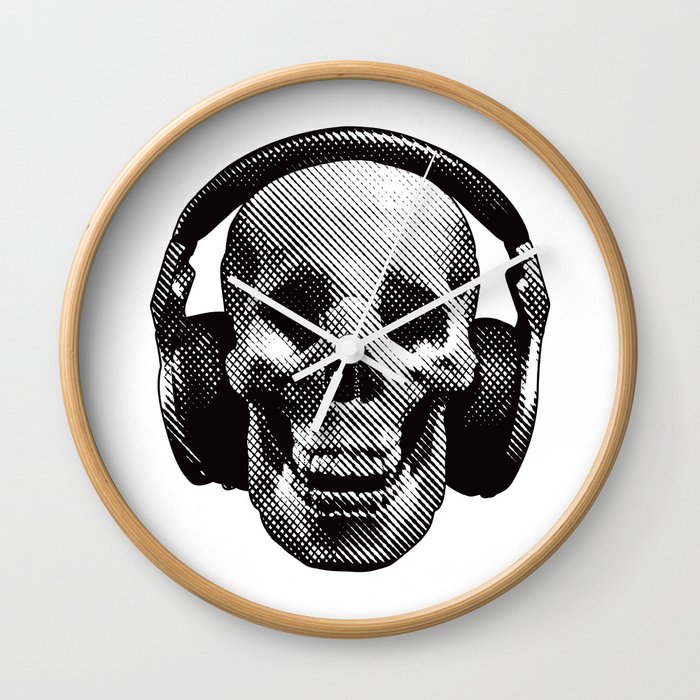Hipster Skull Listening To Music On Headphones Wall Clock By Georgepeters