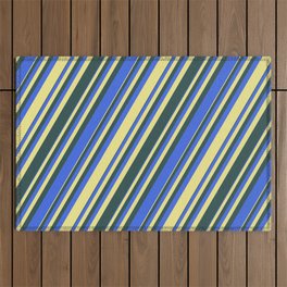 [ Thumbnail: Dark Slate Gray, Royal Blue, and Tan Colored Lined/Striped Pattern Outdoor Rug ]