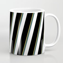 [ Thumbnail: Goldenrod, Dark Slate Gray, White, and Black Colored Striped Pattern Coffee Mug ]