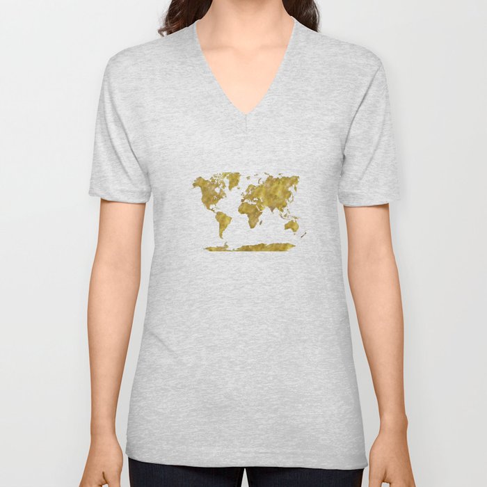 world map in watercolor gold color V Neck T Shirt