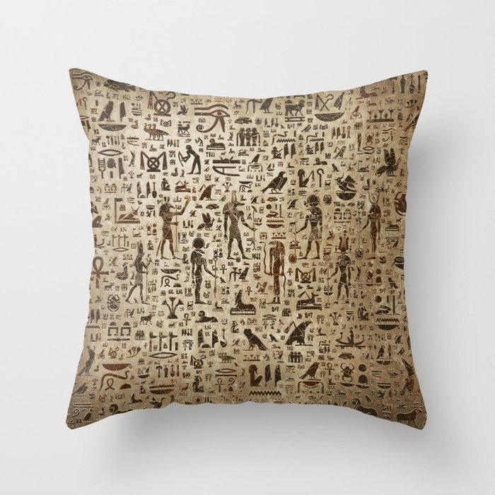 Ancient Egyptian Gods and hieroglyphs - Vintage and gold Throw Pillow