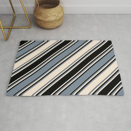 [ Thumbnail: Beige, Black & Light Slate Gray Colored Stripes/Lines Pattern Rug ]