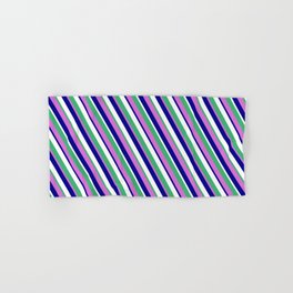 [ Thumbnail: Orchid, Dark Blue, White & Sea Green Colored Striped/Lined Pattern Hand & Bath Towel ]