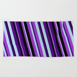 [ Thumbnail: Indigo, Light Blue, Dark Orchid & Black Colored Striped Pattern Beach Towel ]