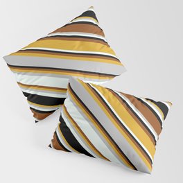 [ Thumbnail: Eyecatching Goldenrod, Grey, Mint Cream, Black, and Brown Colored Stripes Pattern Pillow Sham ]