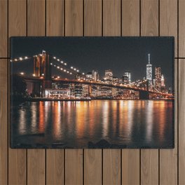 New York City Manhattan skyline and Brooklyn Bridge at night Outdoor Rug