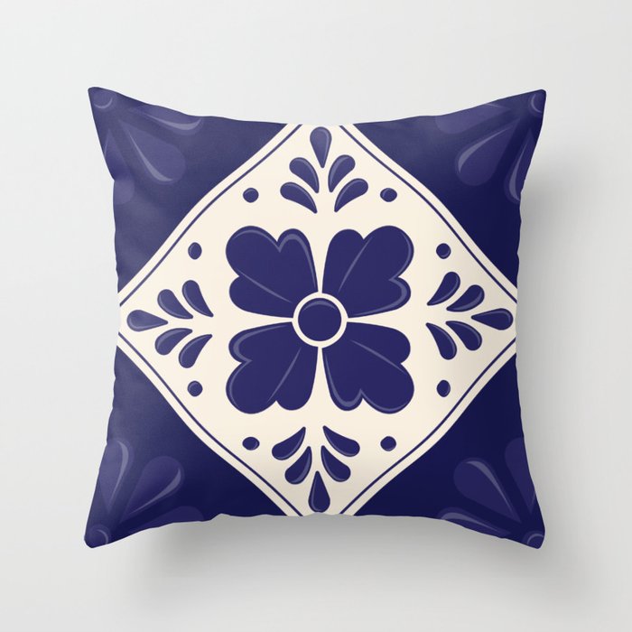 Blue Talavera Tile, Abstract flower Throw Pillow