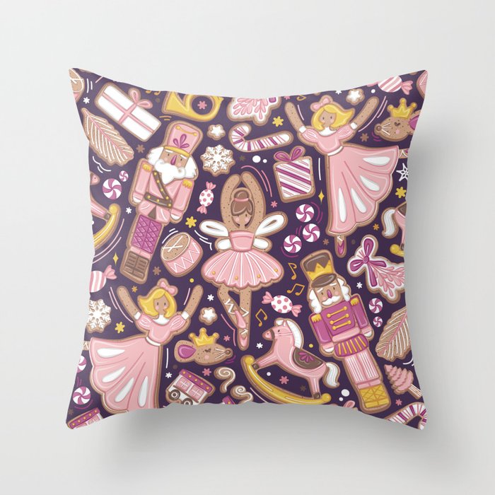 Nutcracker ballet gingerbread delicious biscuits // plum background pink and peony sweet Christmas cookies Throw Pillow