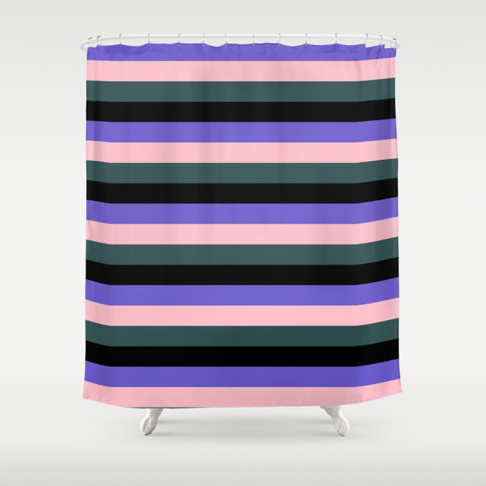 Slate Blue, Pink, Dark Slate Gray & Black Colored Stripes/Lines Pattern Shower Curtain