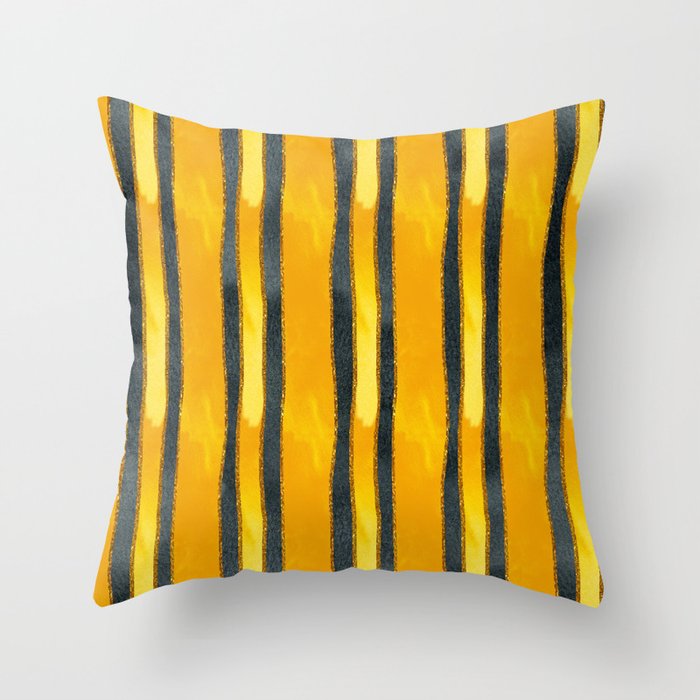 Yellow black mabstraction with watercolor stripes and gold Throw Pillow