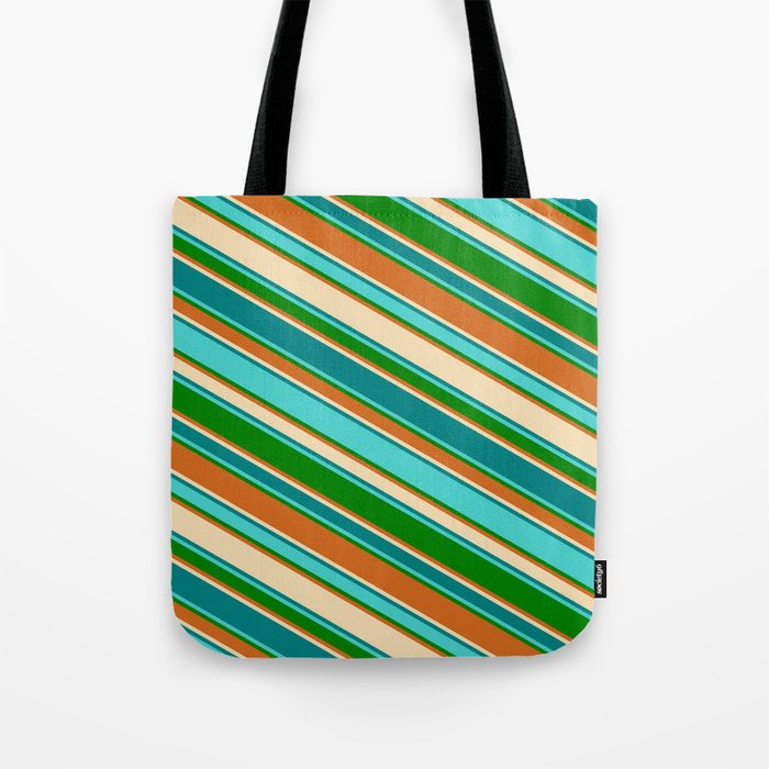 Colorful Tan, Teal, Turquoise, Green, and Chocolate Colored Lines Pattern Tote Bag