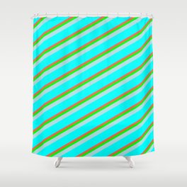 [ Thumbnail: Red, Lime, Powder Blue & Cyan Colored Lined/Striped Pattern Shower Curtain ]