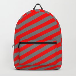 [ Thumbnail: Gray and Red Colored Lined/Striped Pattern Backpack ]
