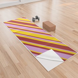 [ Thumbnail: Yellow, Brown, and Plum Colored Pattern of Stripes Yoga Towel ]