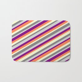 [ Thumbnail: Colorful Light Yellow, Gray, Light Gray, Purple & Coral Colored Lines/Stripes Pattern Bath Mat ]