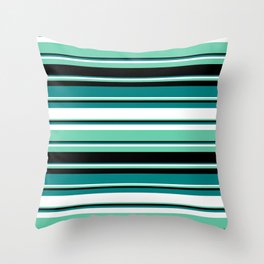 [ Thumbnail: Teal, White, Aquamarine & Black Colored Lined Pattern Throw Pillow ]