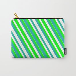 [ Thumbnail: Lime, Light Sea Green & White Colored Striped/Lined Pattern Carry-All Pouch ]