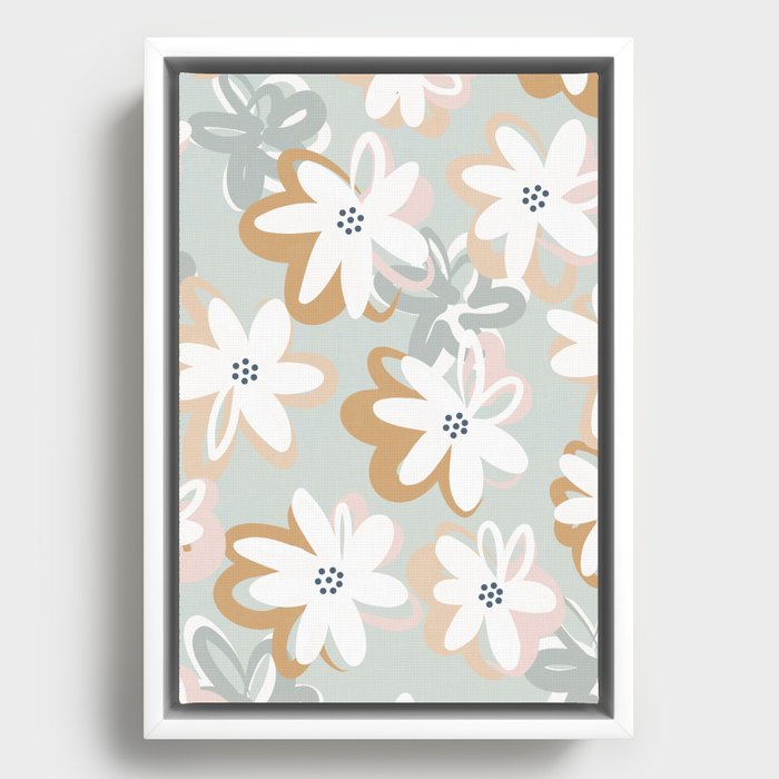 Happy Pop Daisy Pattern - Muted blue Framed Canvas
