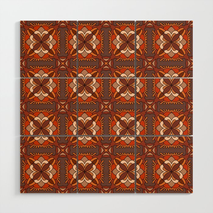 Brown Retro Floral Tiles  Wood Wall Art