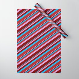 [ Thumbnail: Deep Sky Blue, Red, Plum & Maroon Colored Lined/Striped Pattern Wrapping Paper ]