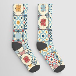 Gorgeous seamless pattern white colorful Moroccan, Portuguese tiles, Azulejo, ornaments Socks