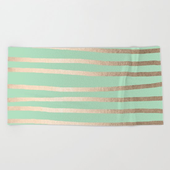 Stripes Metallic Gold Mint Green Beach Towel