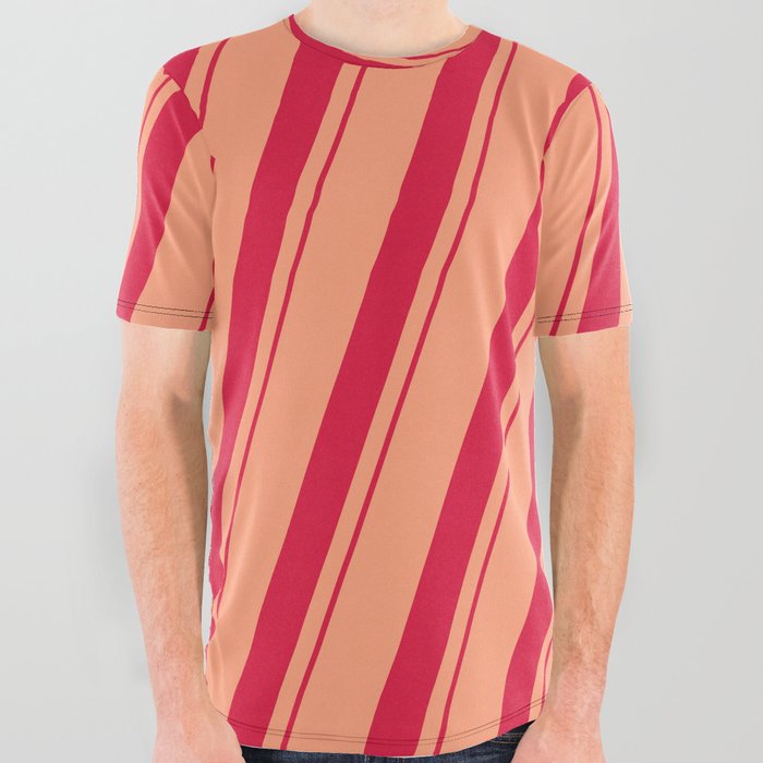 Light Salmon and Crimson Colored Lined Pattern All Over Graphic Tee
