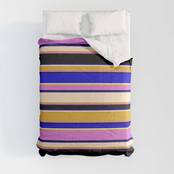 Colorful Blue, Bisque, Goldenrod, Orchid, and Black Colored Stripes Pattern Comforter