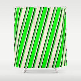 [ Thumbnail: Lime, Dark Sea Green, Beige & Black Colored Lined Pattern Shower Curtain ]