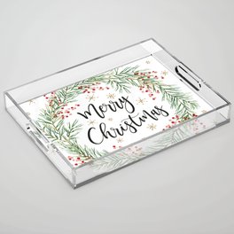 Merry Christmas wreath with red berries Acrylic Tray | Christmas, Spruce, Holiday, Fir, Quote, Wreath, Graphicdesign, Berry, Winter, Green 