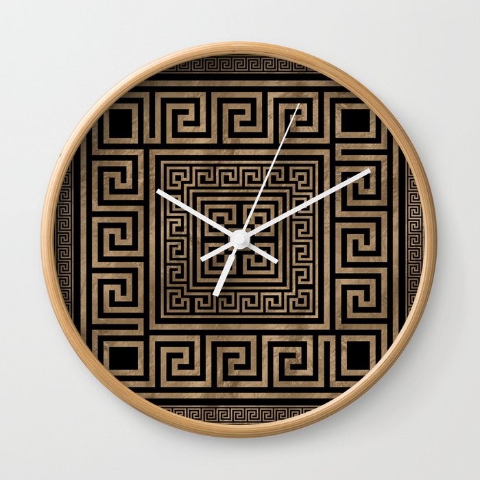 Greek Key Ornament - Greek Meander -Gold on Black Wall Clock