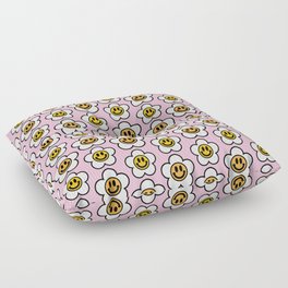 Bold And Funky Flower Smileys Pattern (Pink BG) Floor Pillow